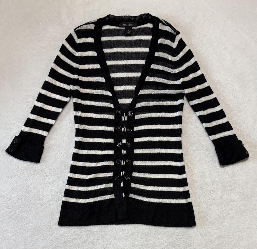 White House Black Market Cardigan Sweater Womens Small Black White Stripe V Neck
